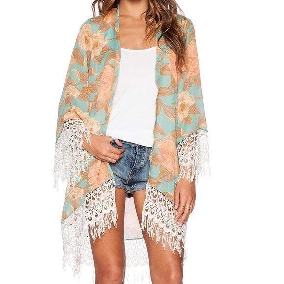 Show Me Your Mumu Floral Kimono Duster Turquoise Coral Lace Fringe Medium - Picture 4 of 12
